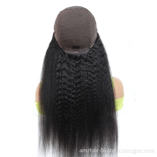Amzhair 28 30 Inch Yaki Kinky Straight Lace Wig Brazilian Remy Human Hair Pre Plucked Swiss 4X4 Lace Closure Wig For Black Women